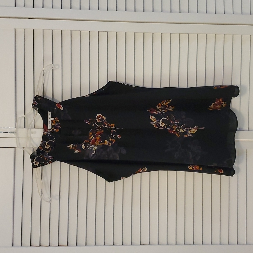 Sleeveless blouse, S, Small. Black with dark floral accent.